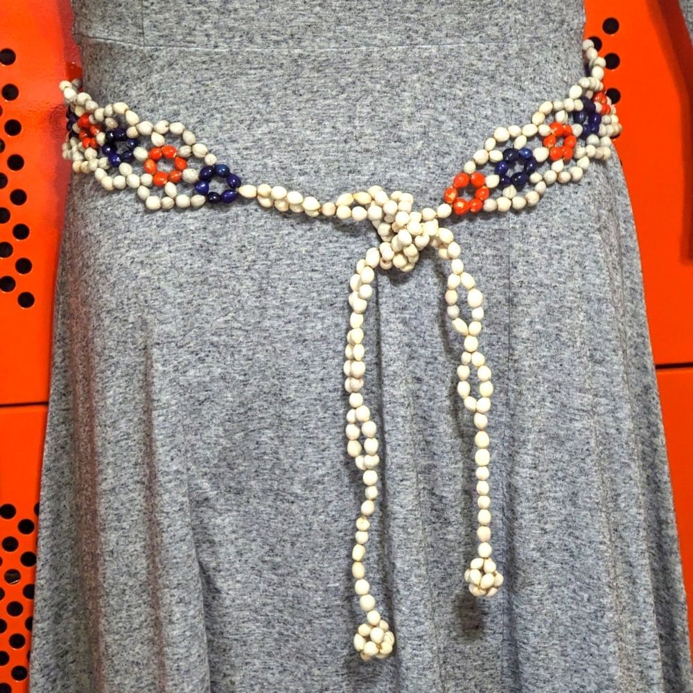 Hand Crafted Painted Nut Belt In White, Orange, Navy  Vintage 60" Total Length
